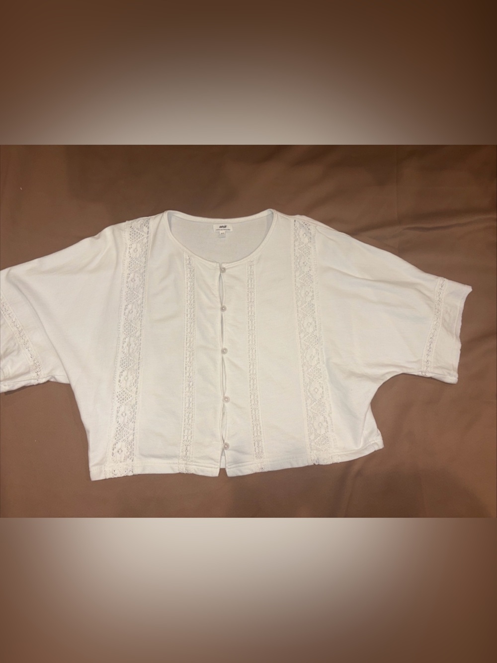Aerie Women’s Ivory Solid Knit V-Neck Short Sleeve Button Lace Trim Top
